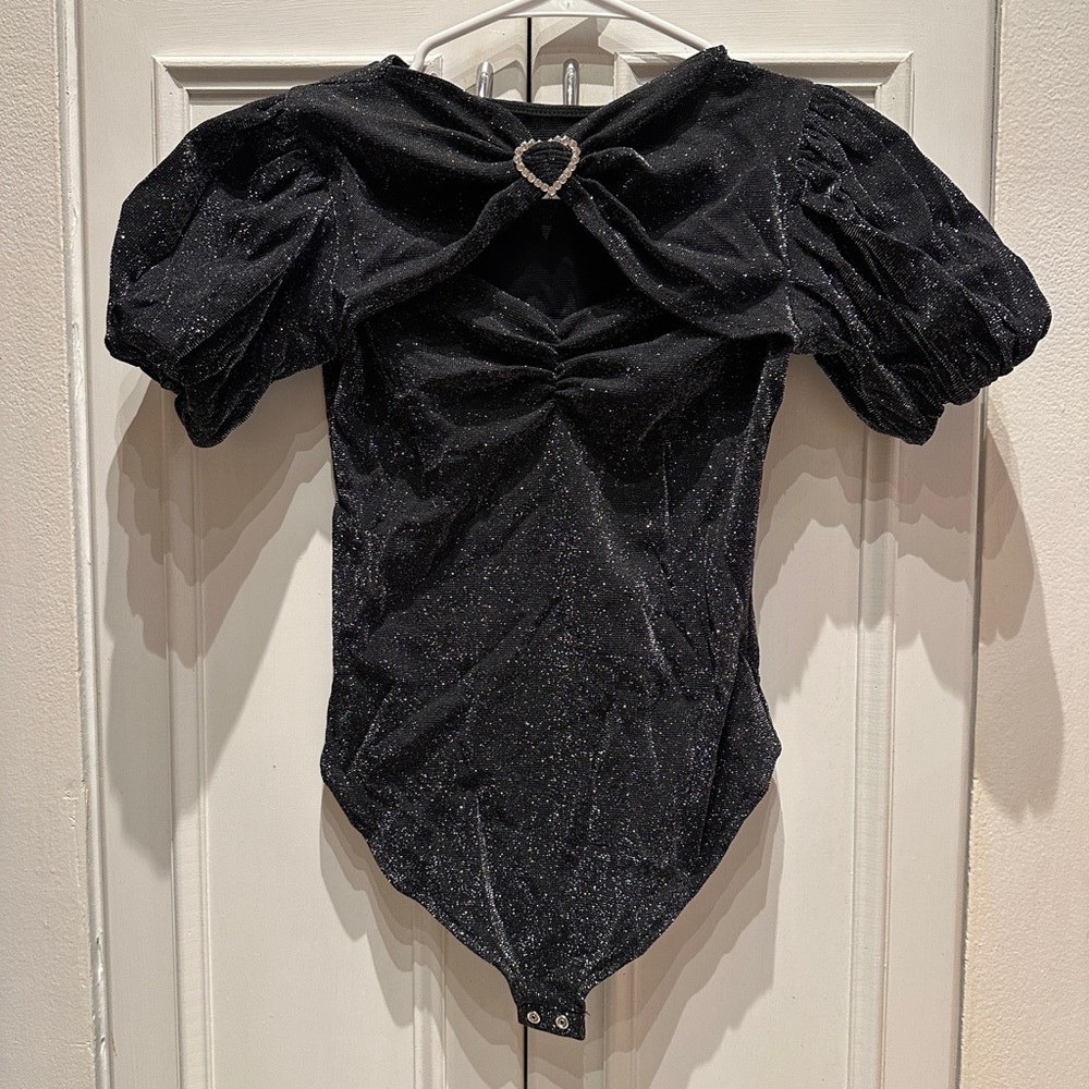 Zara Girls Silver Black Glitter Bodysuit Short Puff Sleeves